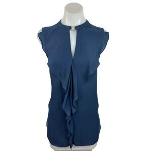 H&M Blue Sleeveless Keyhole Ruffle Front Pleated Back Career Blouse Top Size 6